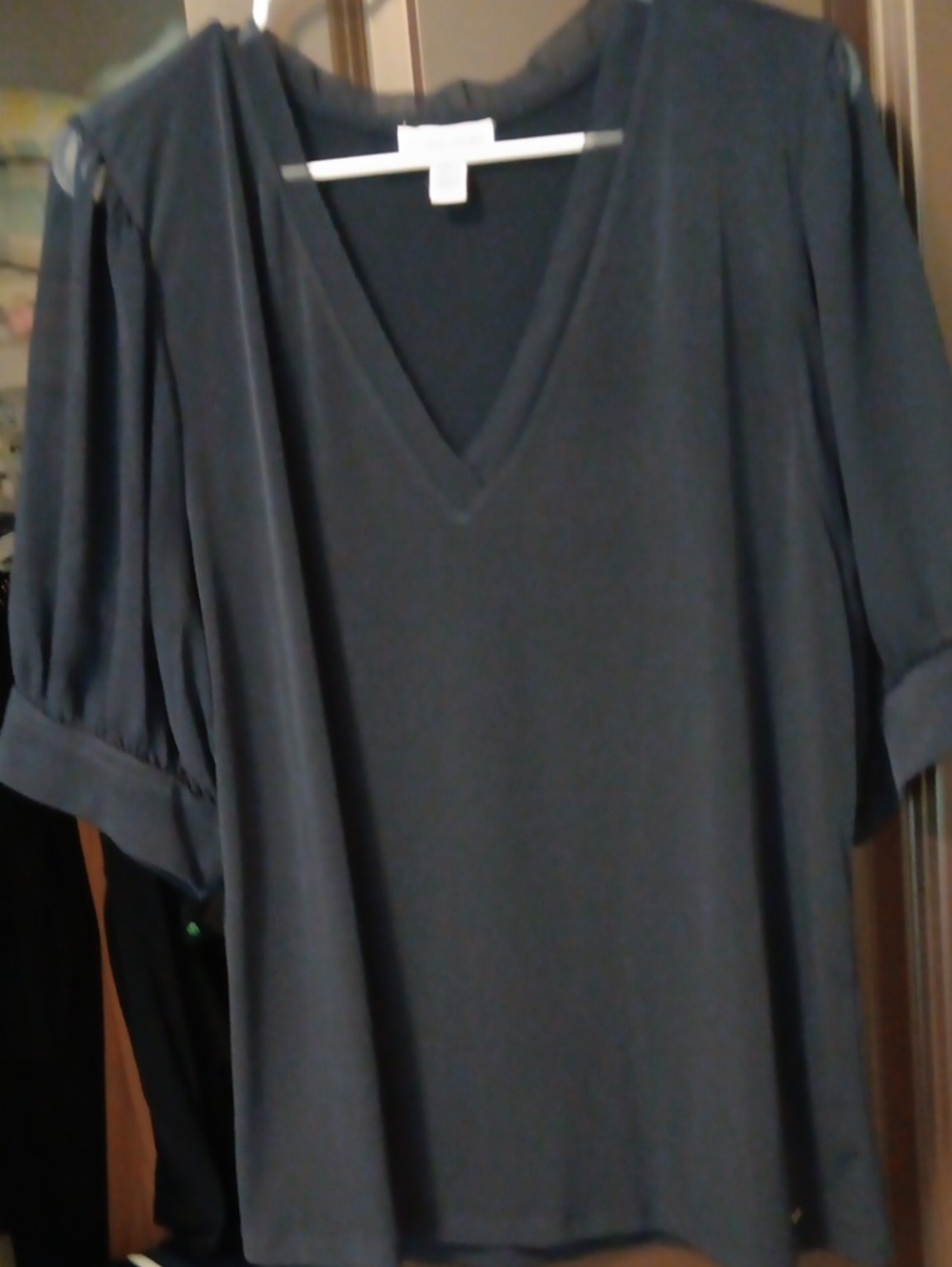 V-Neck Puff Sleeve Women's Top - Navy